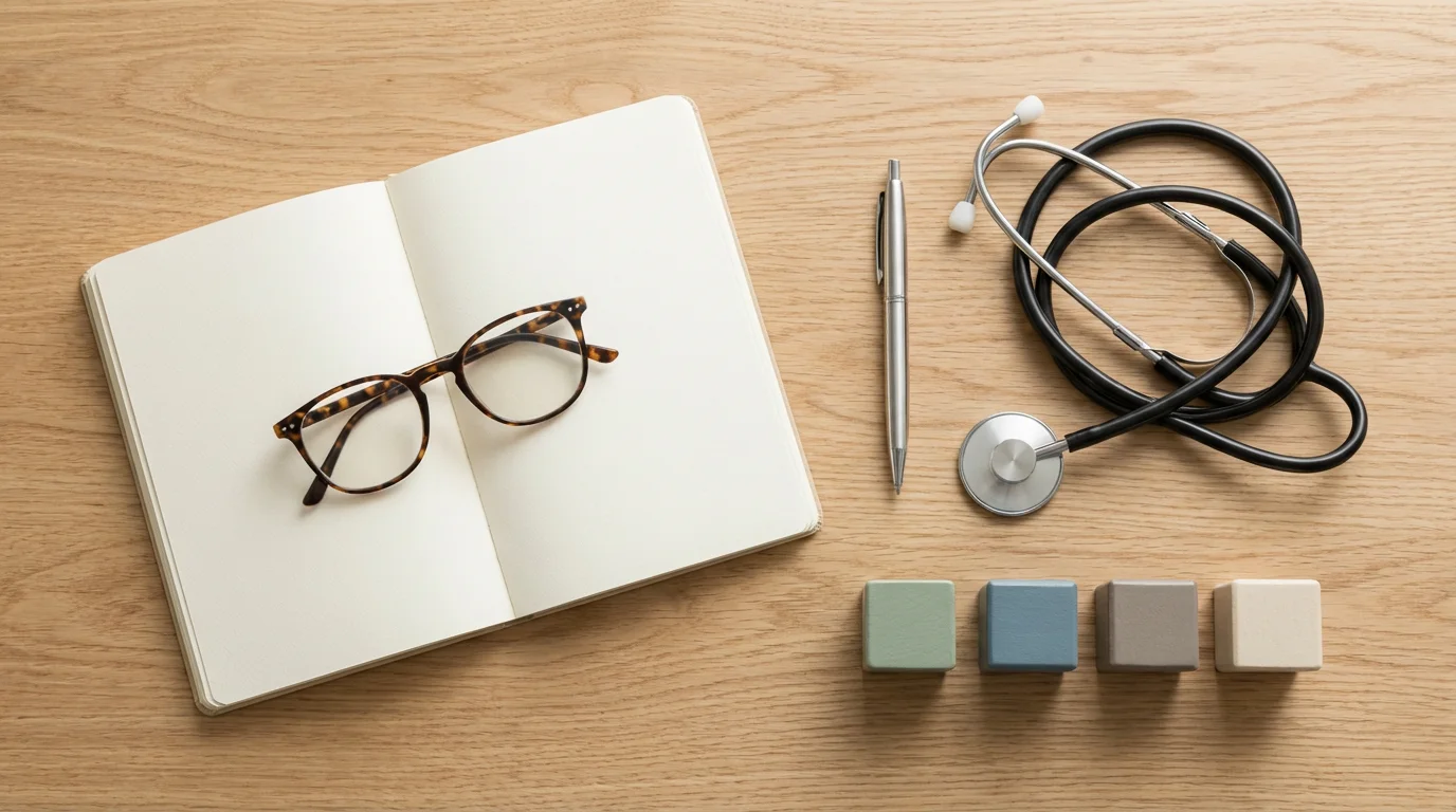Flat lay of eyeglasses, notebook, pen, and stethoscope for choosing a health plan.