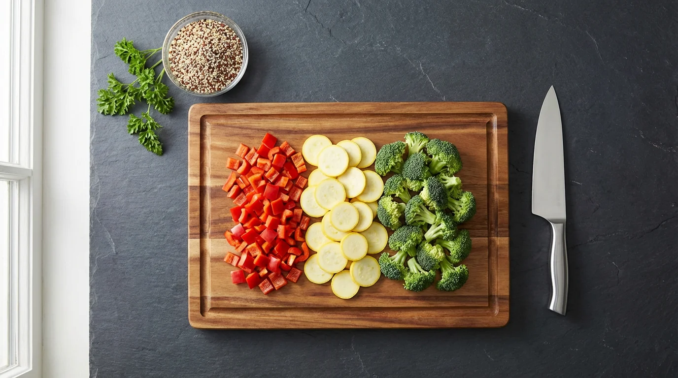 Flat lay of fresh chopped vegetables, quinoa, and a knife on a cutting board.