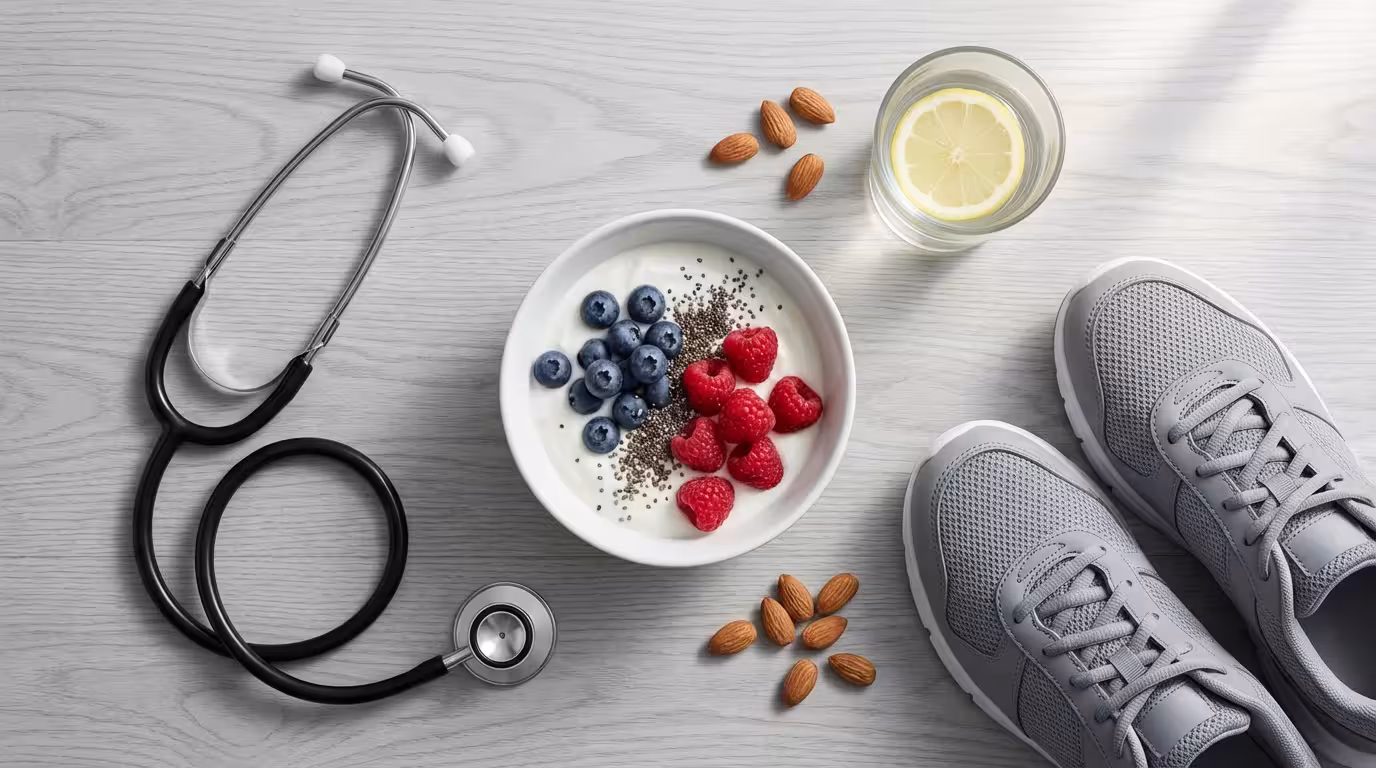 Flat lay of healthy food, sneakers, and a stethoscope, symbolizing preventative wellness in retirement.