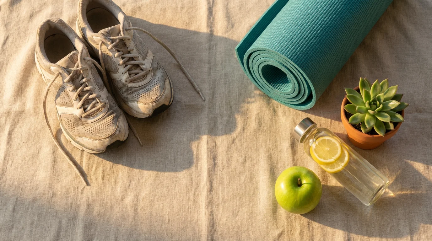 Flat lay of healthy retirement lifestyle items: sneakers, a yoga mat, and an apple.