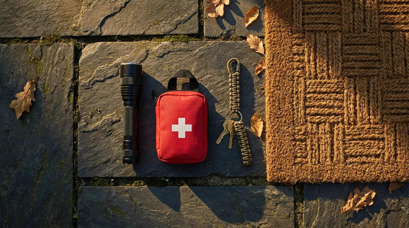 Flat lay of home emergency kit items like a flashlight and first-aid kit.