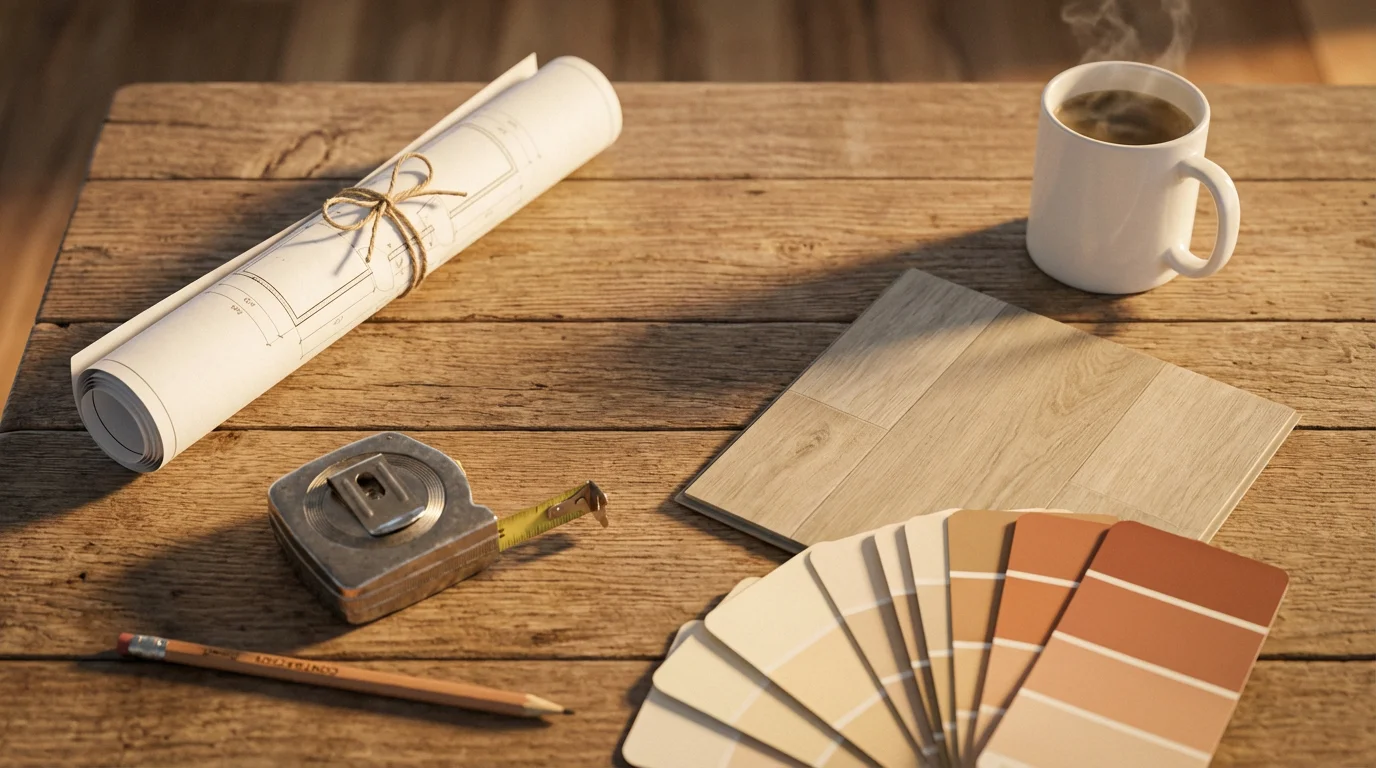 Flat lay of home renovation blueprints, color swatches, and a flooring sample on table.