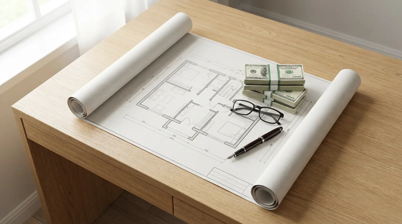 Flat lay of house blueprints, stacks of cash, and reading glasses on a desk.