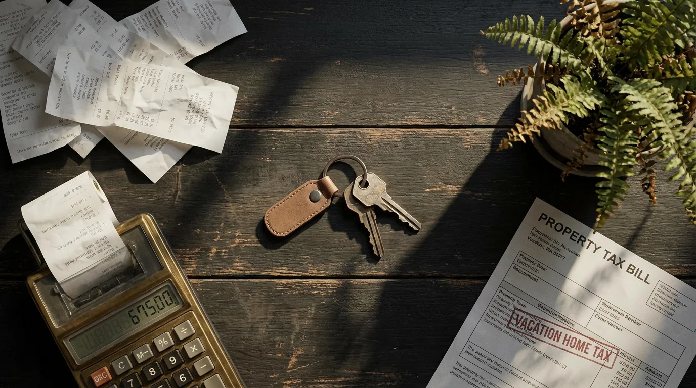 Flat lay of house keys, receipts, and a calculator representing hidden home ownership costs.