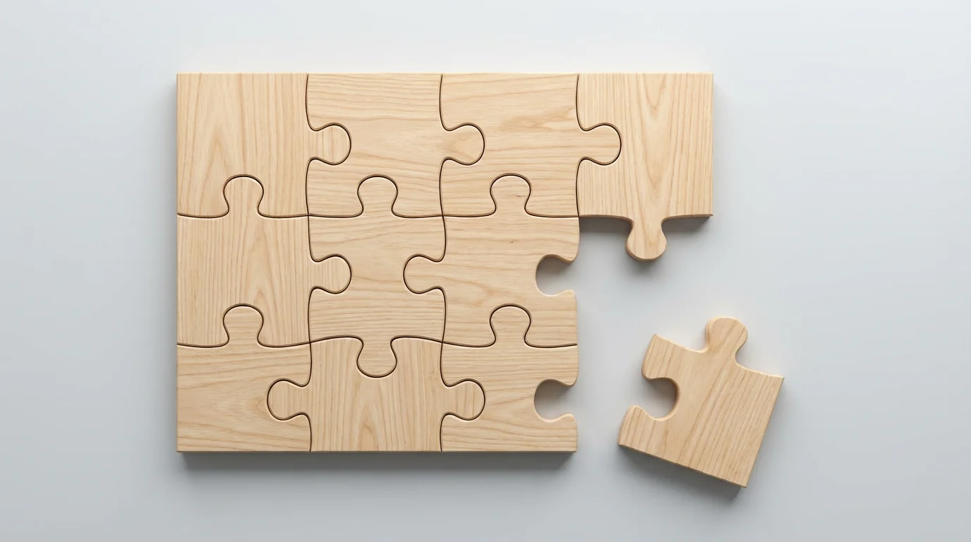Flat lay of interlocking wooden puzzle pieces with one piece missing from the whole.
