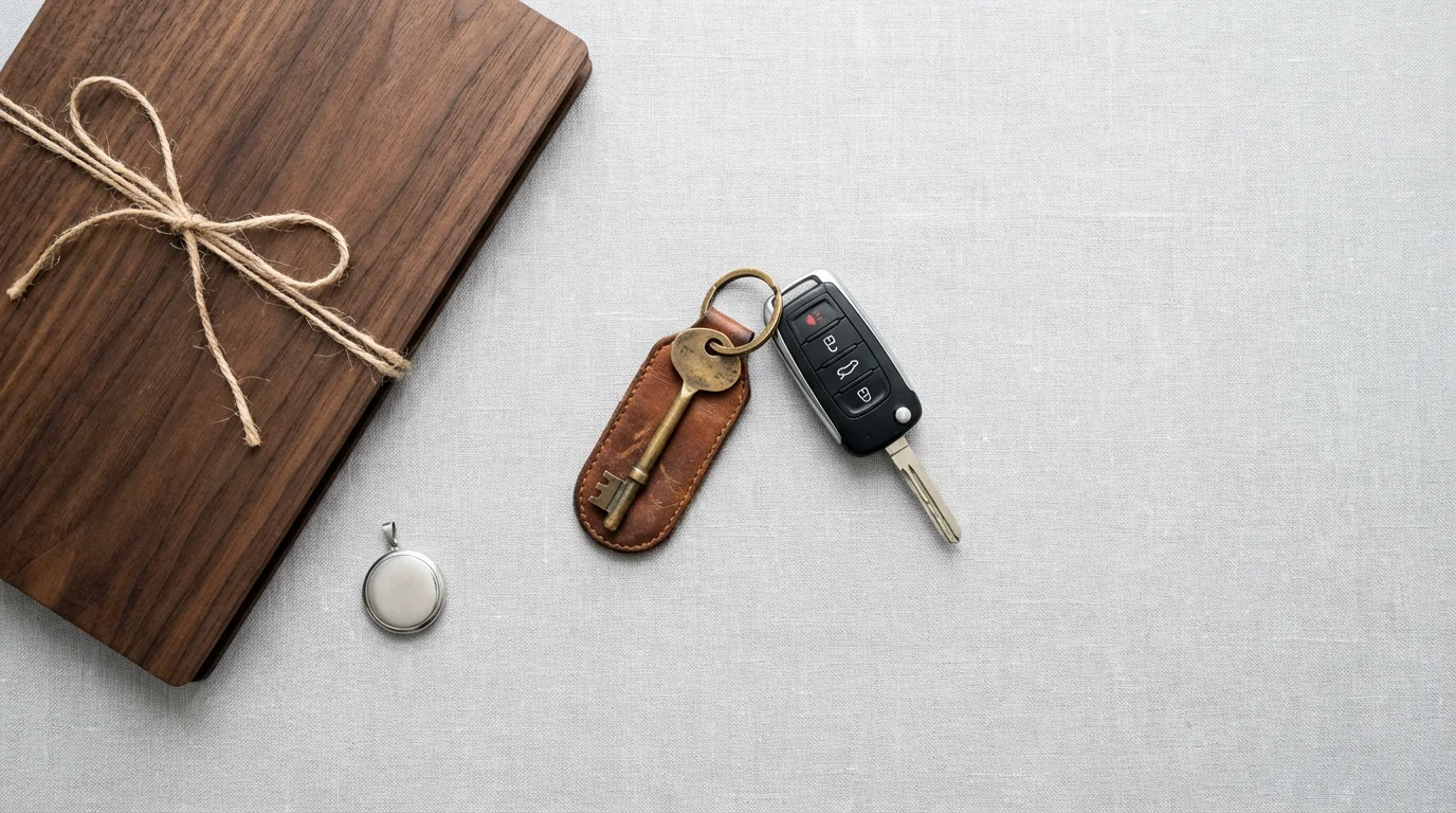 Flat lay of keys, a folder, and a locket representing estate planning assets.