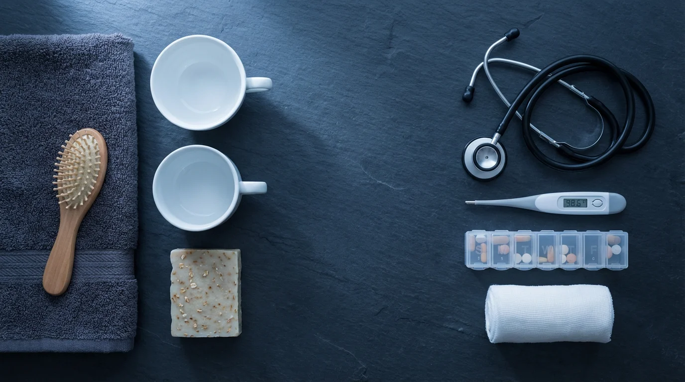 Flat lay of personal care items next to medical equipment on a slate surface.