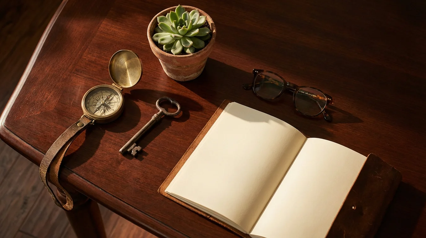 Flat lay of personal legacy items like a compass, key, and journal for planning.