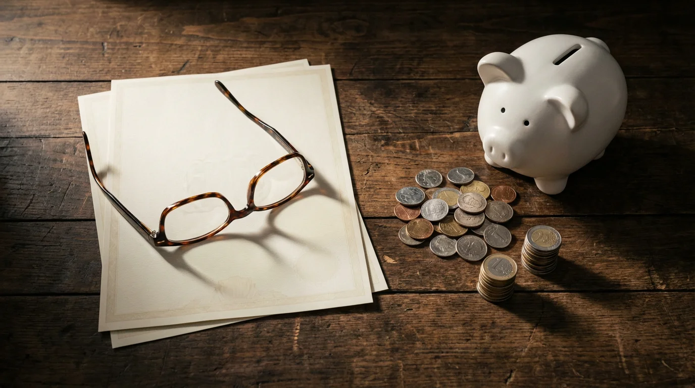 Flat lay of reading glasses, documents, and a piggy bank for pension tax planning.