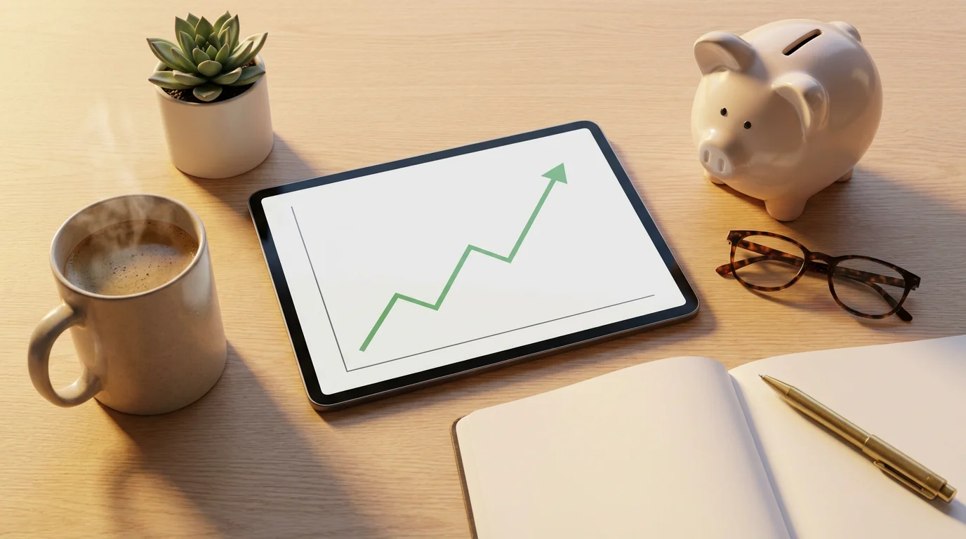 Flat lay of retirement financial planning with a tablet, piggy bank, and notebook.