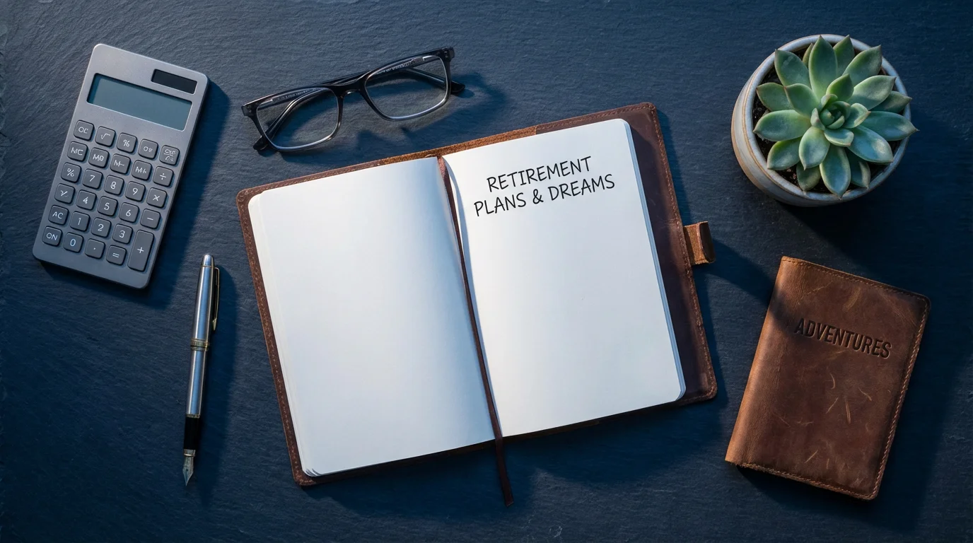 Flat lay of retirement planning items like a journal, calculator, and passport cover.