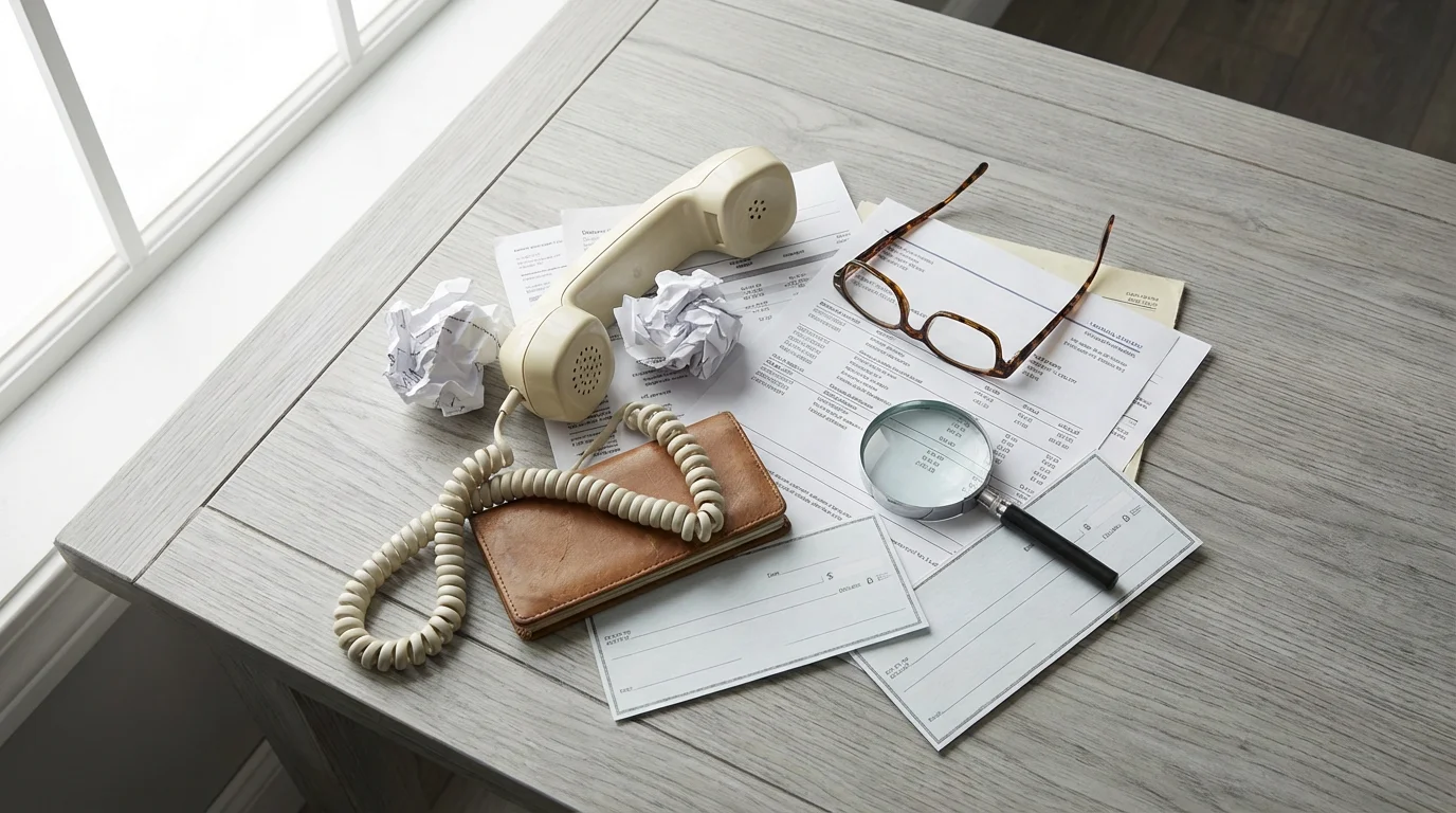 Flat lay of scattered documents, reading glasses, and a phone representing retirement scam awareness.