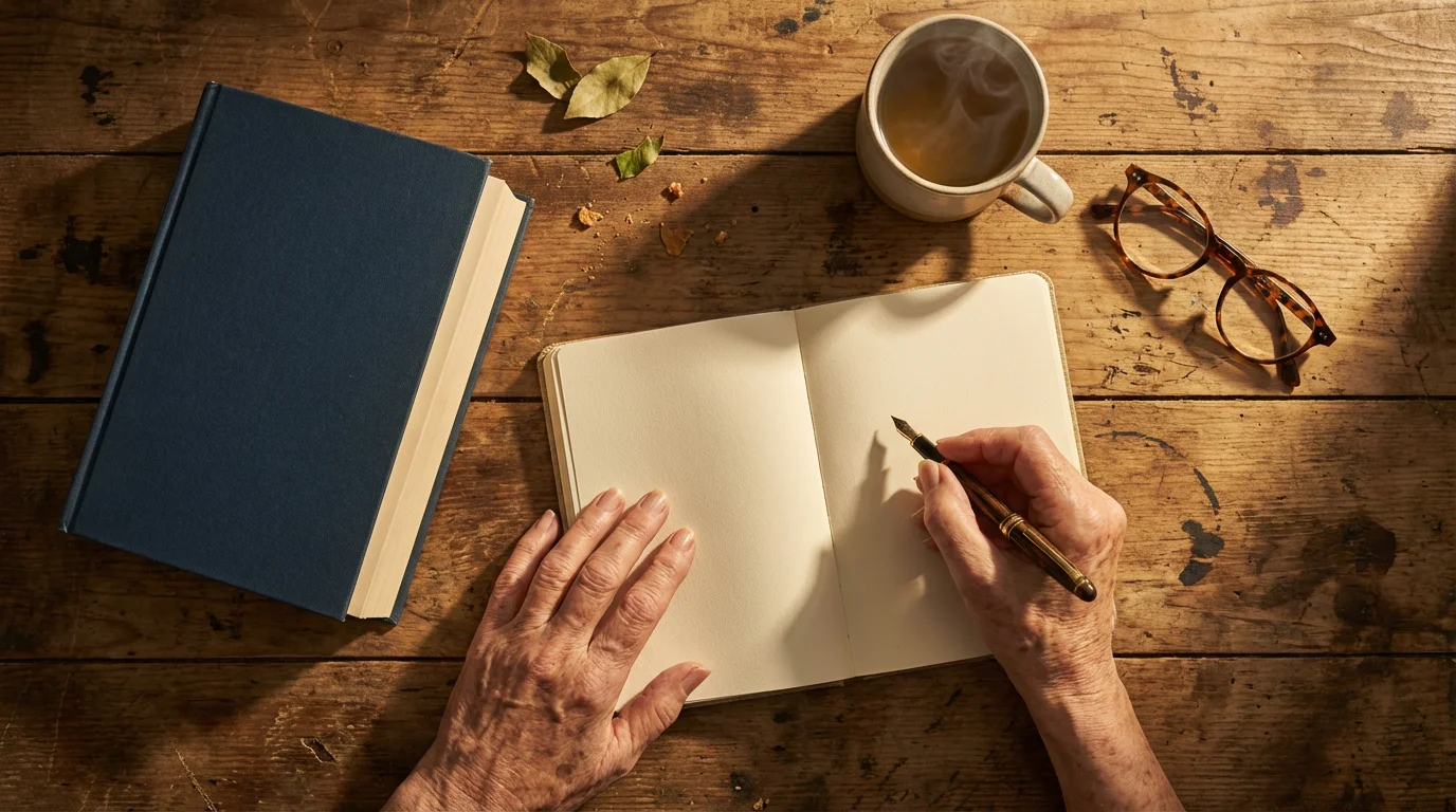 Flat lay of senior's hands journaling on a wooden desk in afternoon light.