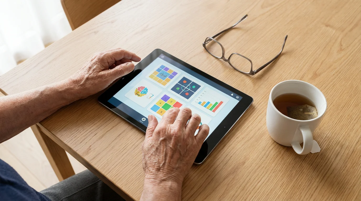 Flat lay of senior's hands playing a brain game on a tablet.