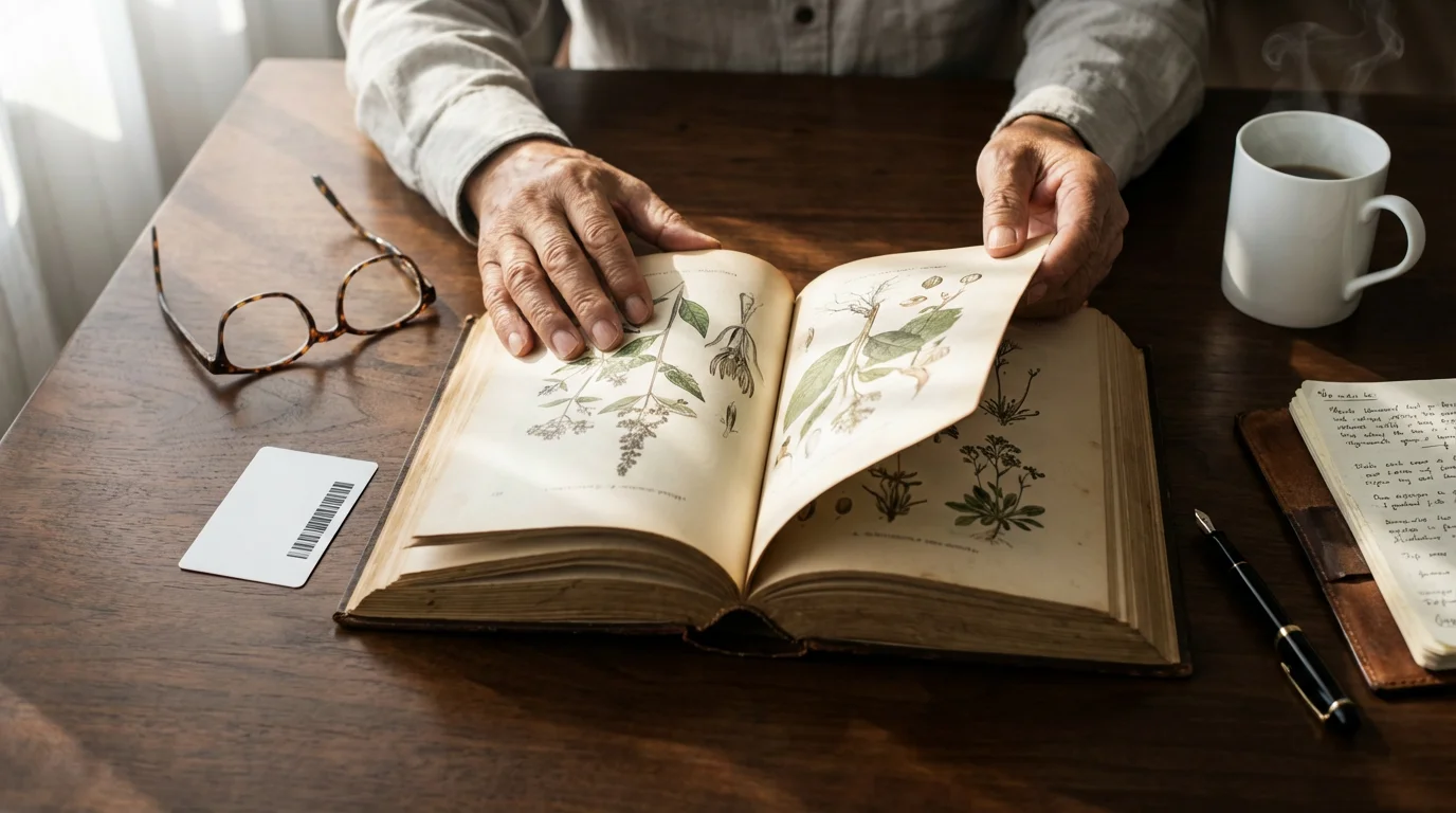 Flat lay of senior's hands with open library book, glasses, and notebook on table.