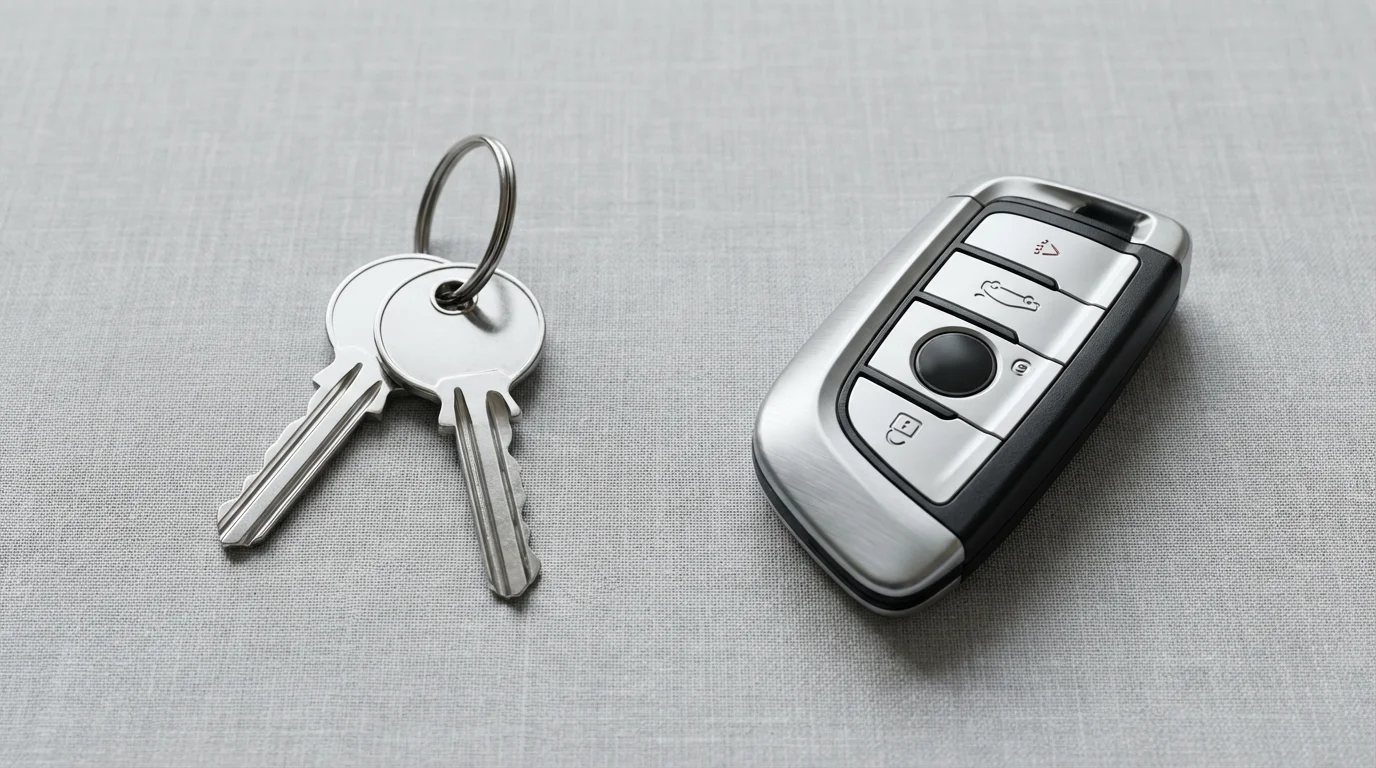 Flat lay of simple keys versus a modern smart key, symbolizing Medicare choices.