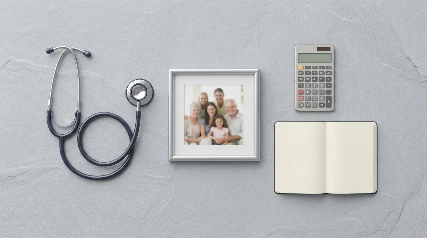 Flat lay of stethoscope, family photo, and calculator representing retirement decision factors.