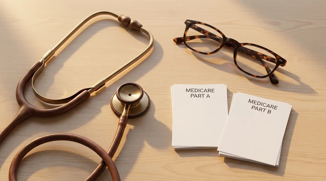 Flat lay of stethoscope, reading glasses, and paper representing Medicare Parts A and B.