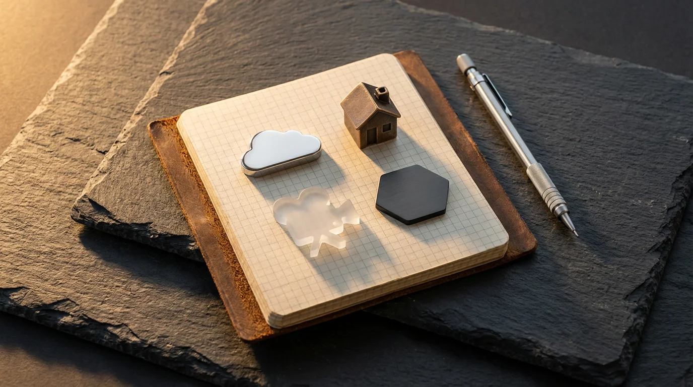 Flat lay of symbolic objects on a notebook representing a comprehensive digital estate plan.