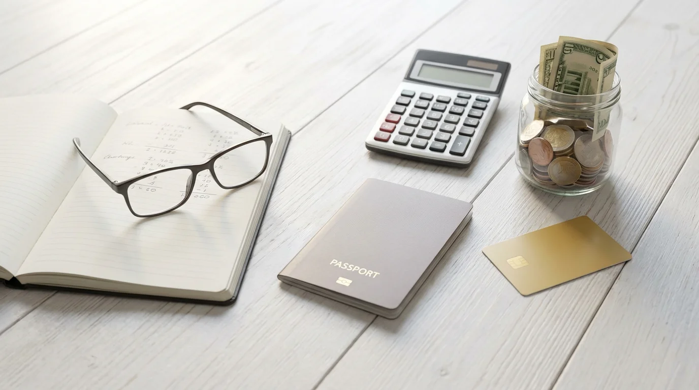 Flat lay of travel planning items including a passport, calculator, and saved money.