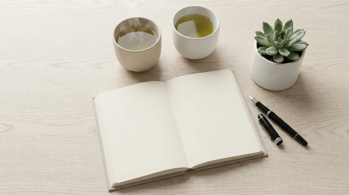 Flat lay of two teacups and an open notebook with a pen.