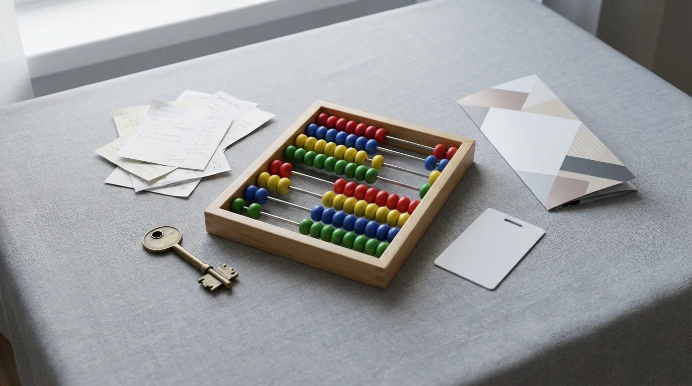 Flat lay with an abacus, keys, and papers representing retirement financial planning.