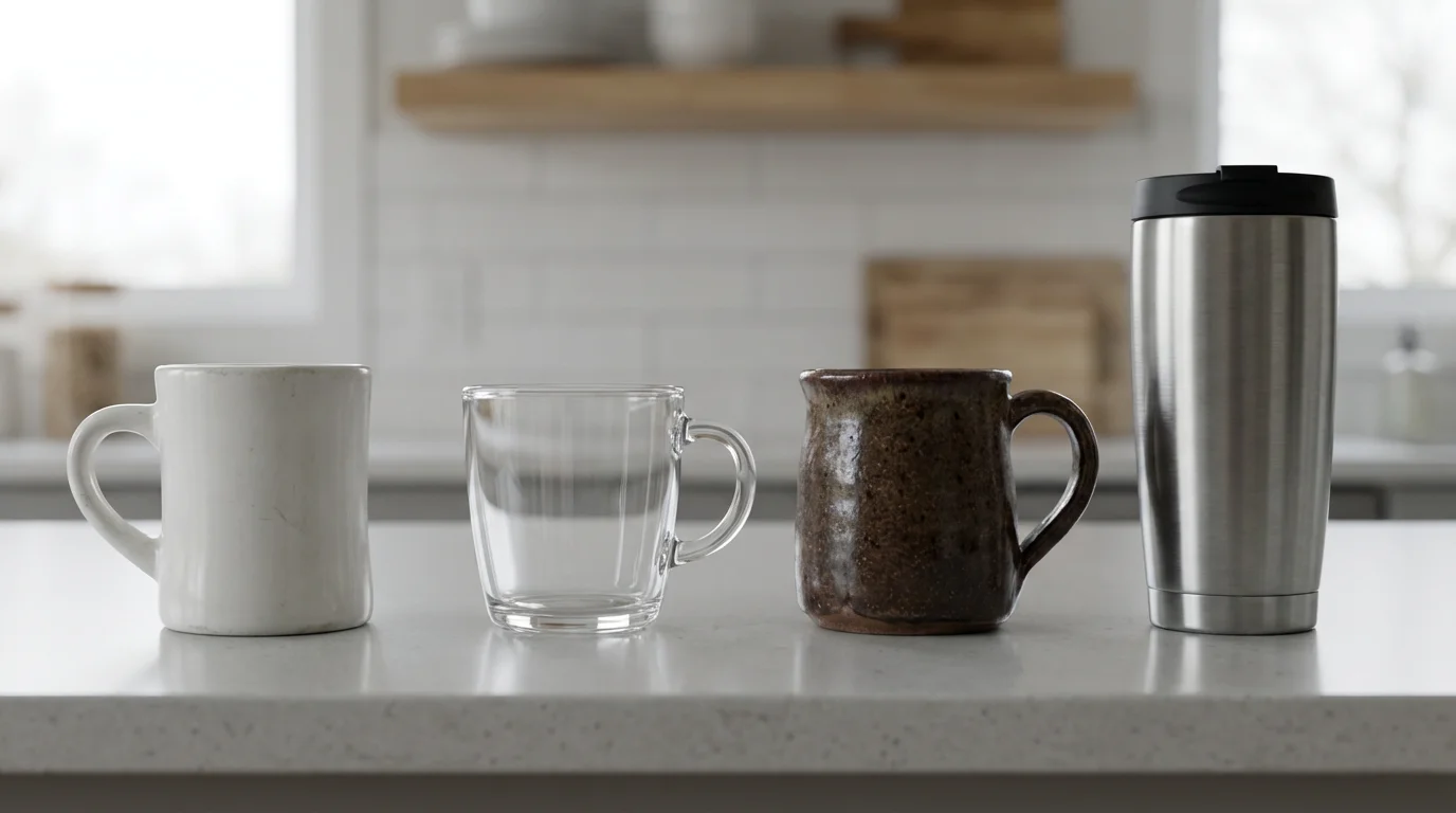 Four distinctly different coffee mugs arranged in a row on a clean kitchen counter.