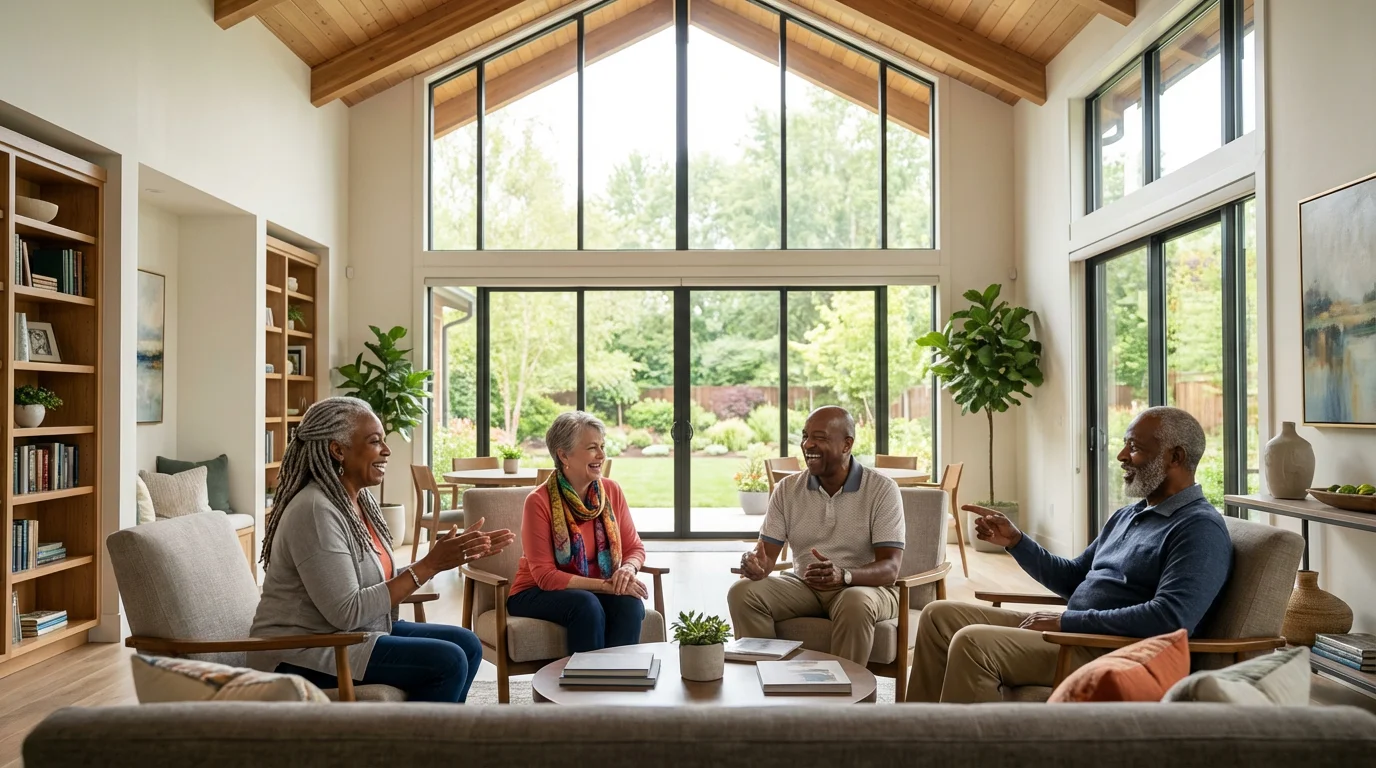 Four diverse seniors laughing and socializing in a modern, sunlit retirement community clubhouse lounge.