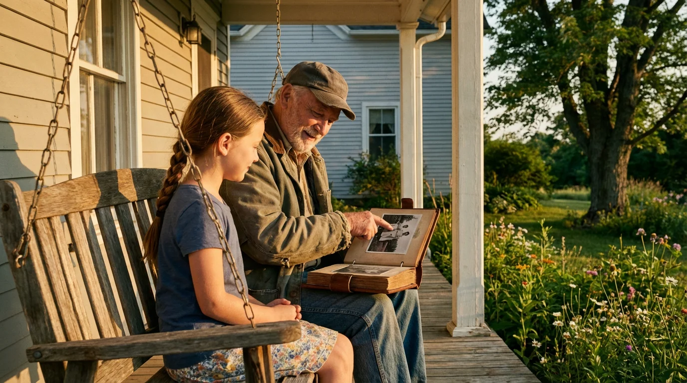 Grandfather and granddaughter looking at a photo album on a porch swing at sunset.
