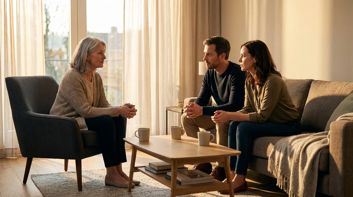 Grandmother having a respectful conversation with her adult children in a moody, sunlit living room.