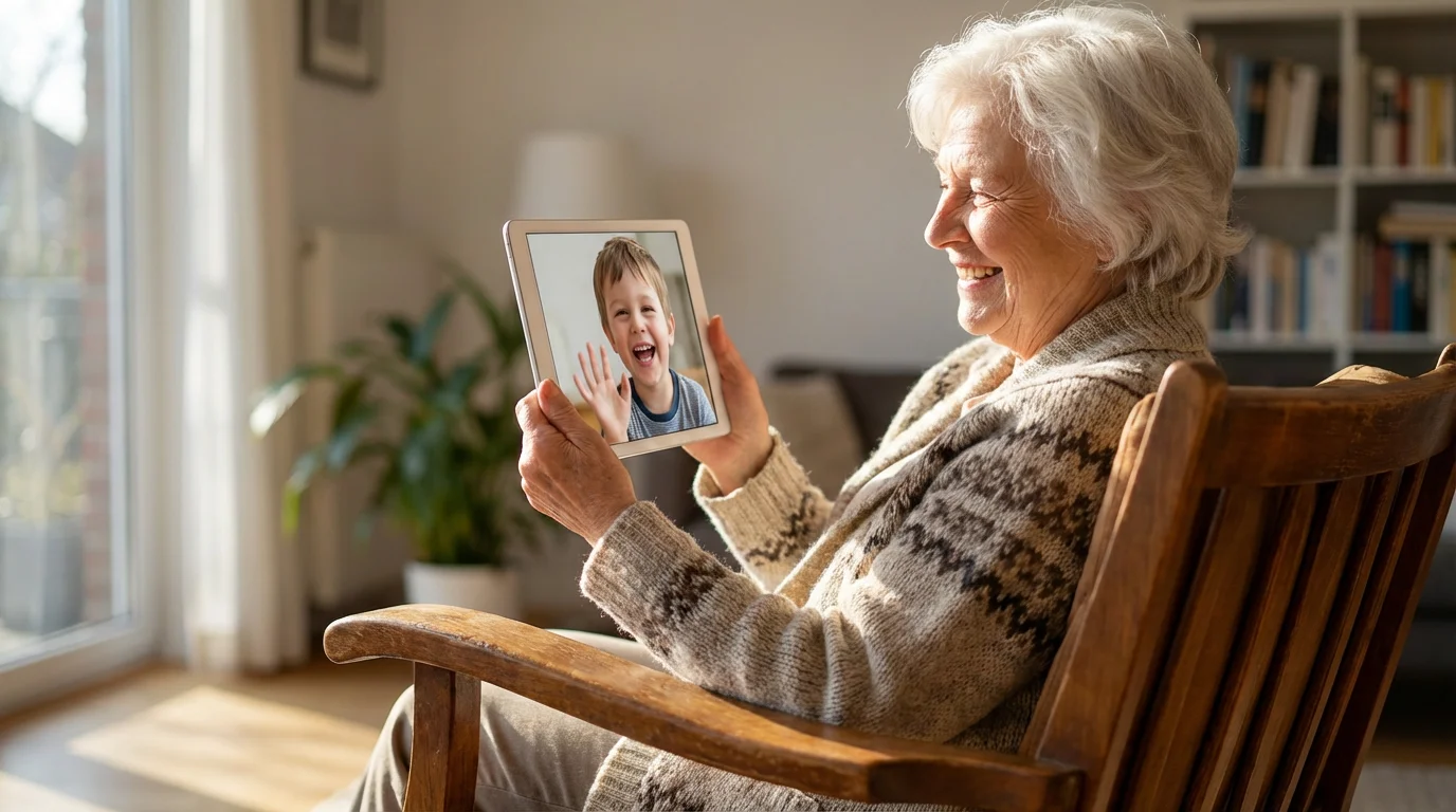 Grandmother smiling while video calling her grandson on a tablet in a sunlit room.