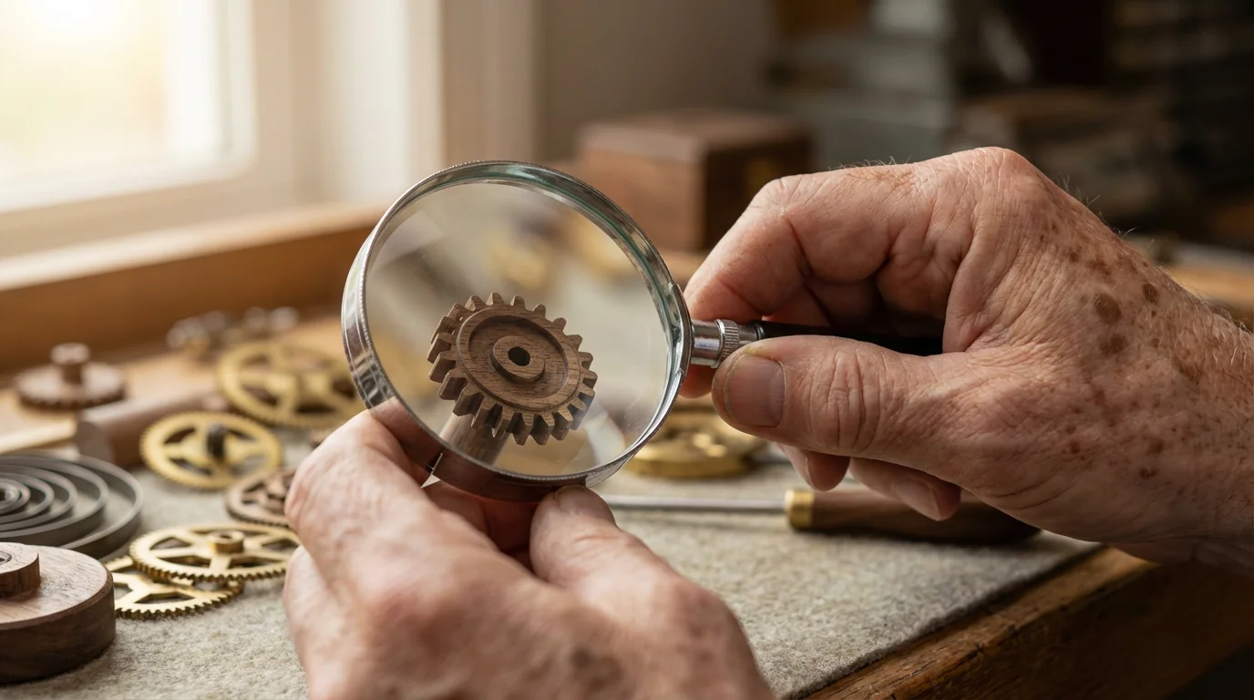 Hand holds magnifying glass over an intricate wooden gear, symbolizing financial retirement planning.
