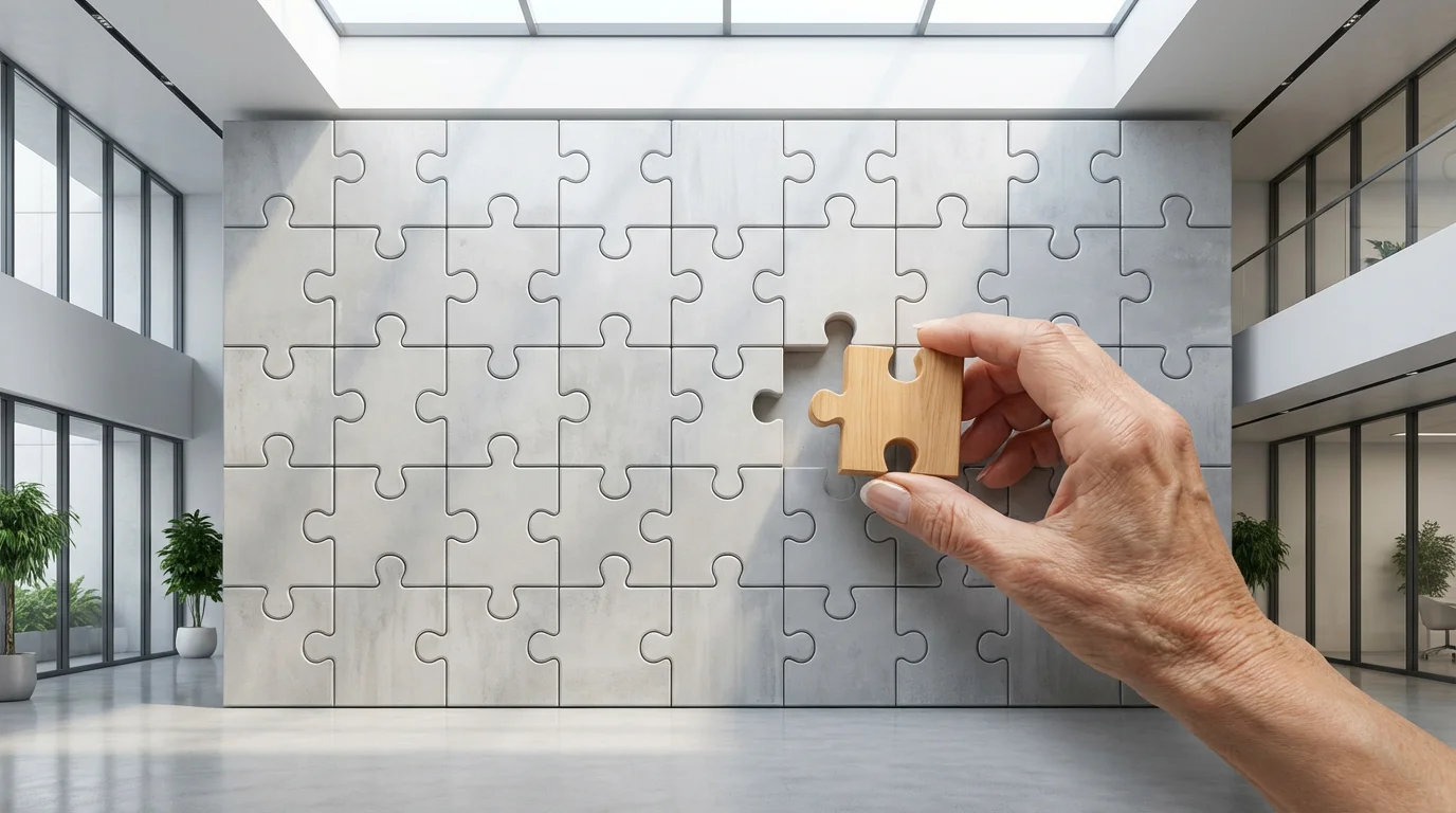 Hands fitting the final wooden block into a large concrete puzzle-like wall.
