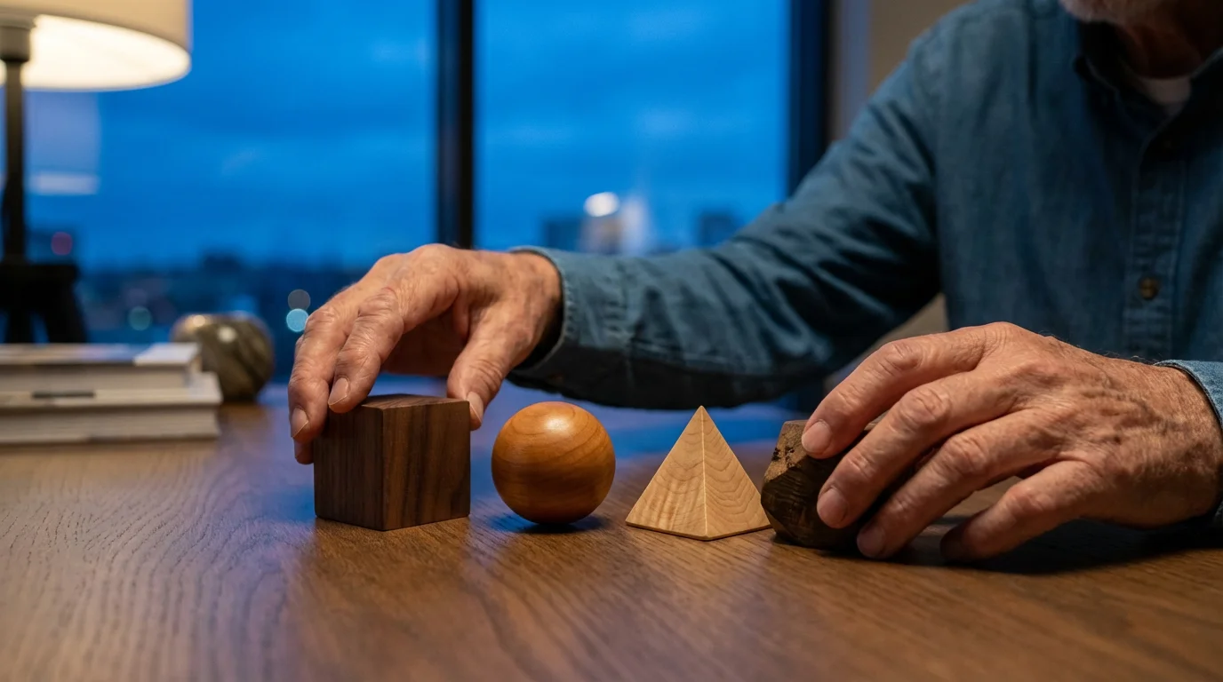 Hands of a senior man arranging four different wooden blocks on a table.