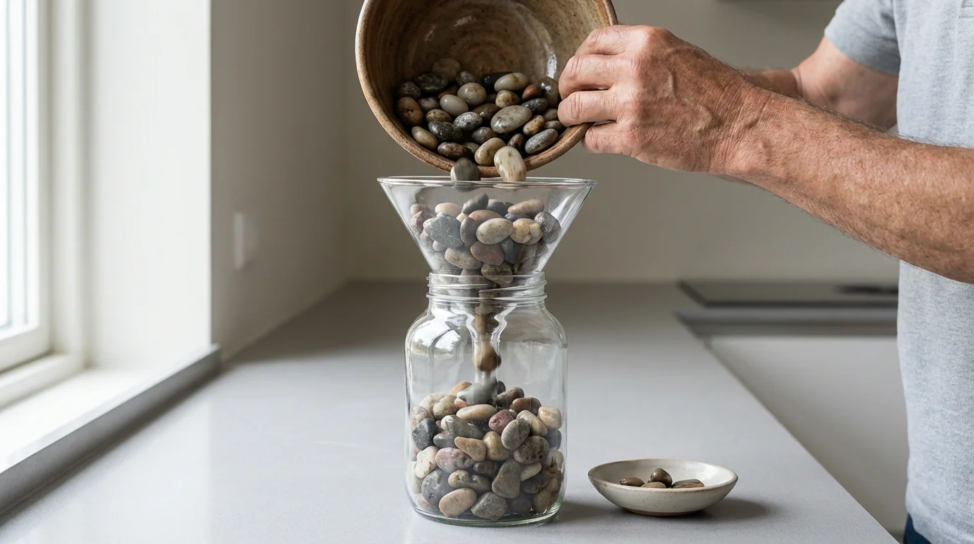 Hands pouring stones through a funnel, separating them into large and small containers.