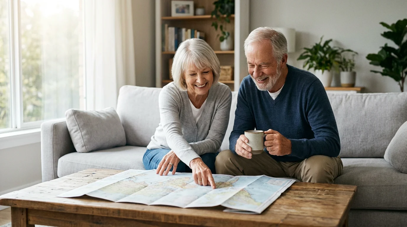 Happy senior couple sits on a sofa planning a new trip with a paper map.