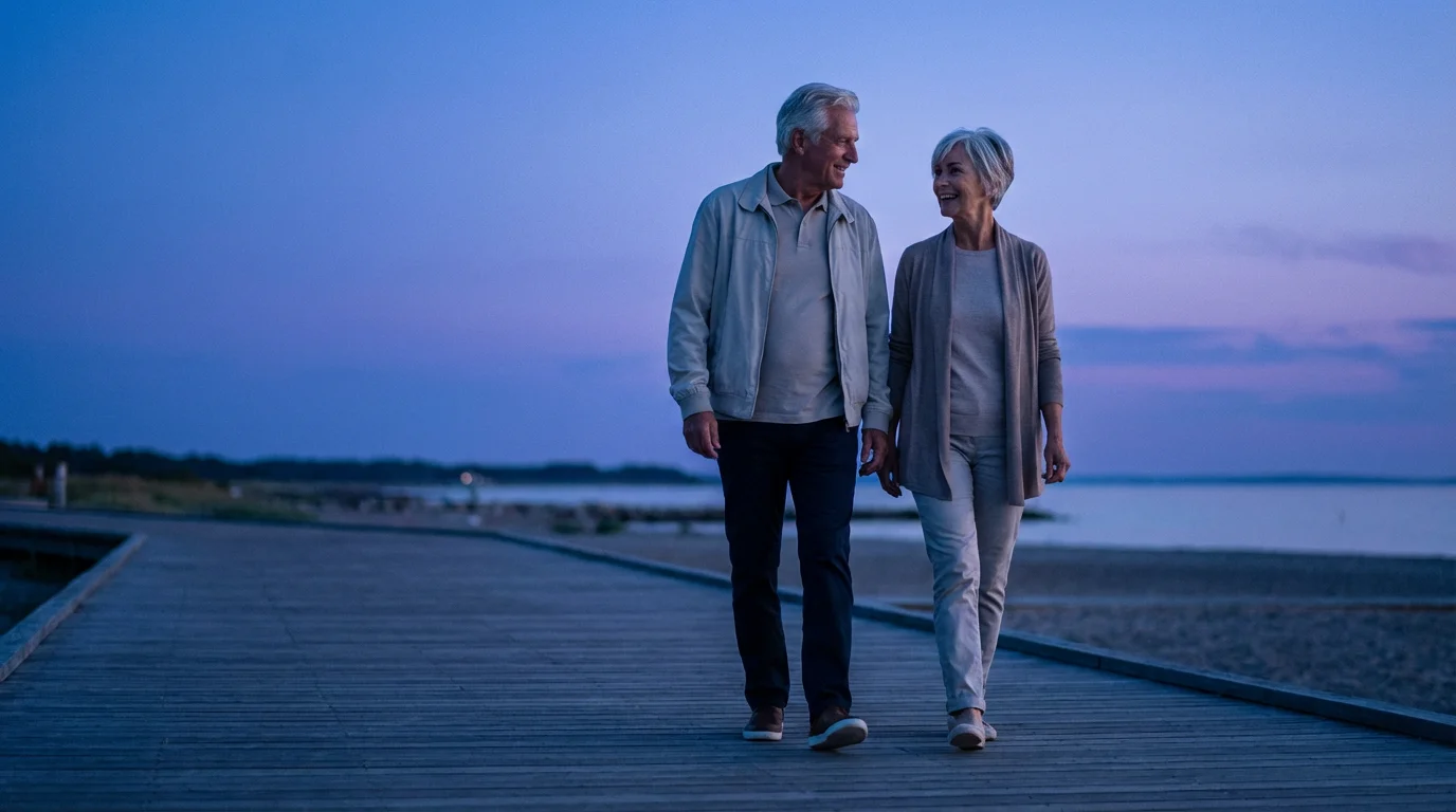 Healthy senior couple enjoying an evening walk on a boardwalk during the blue hour.