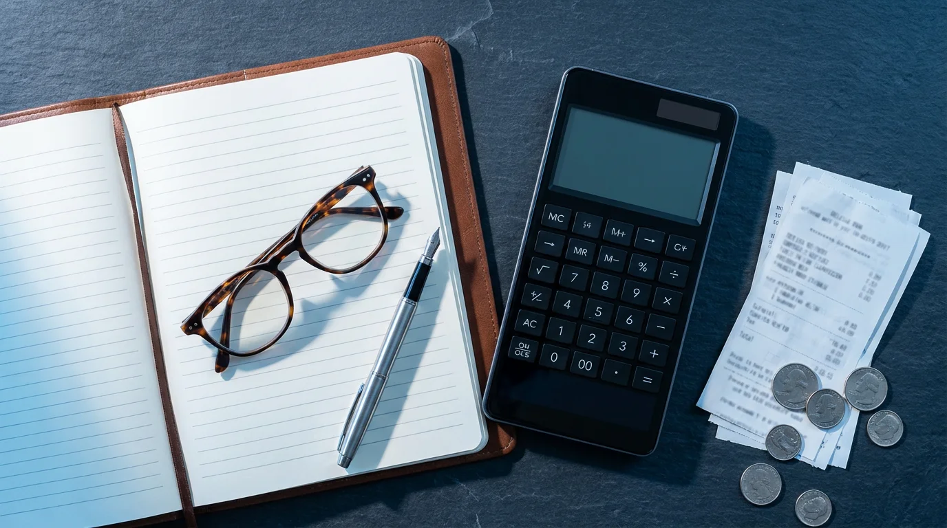 High angle flat lay of a budget planner, calculator, and glasses on a desk.