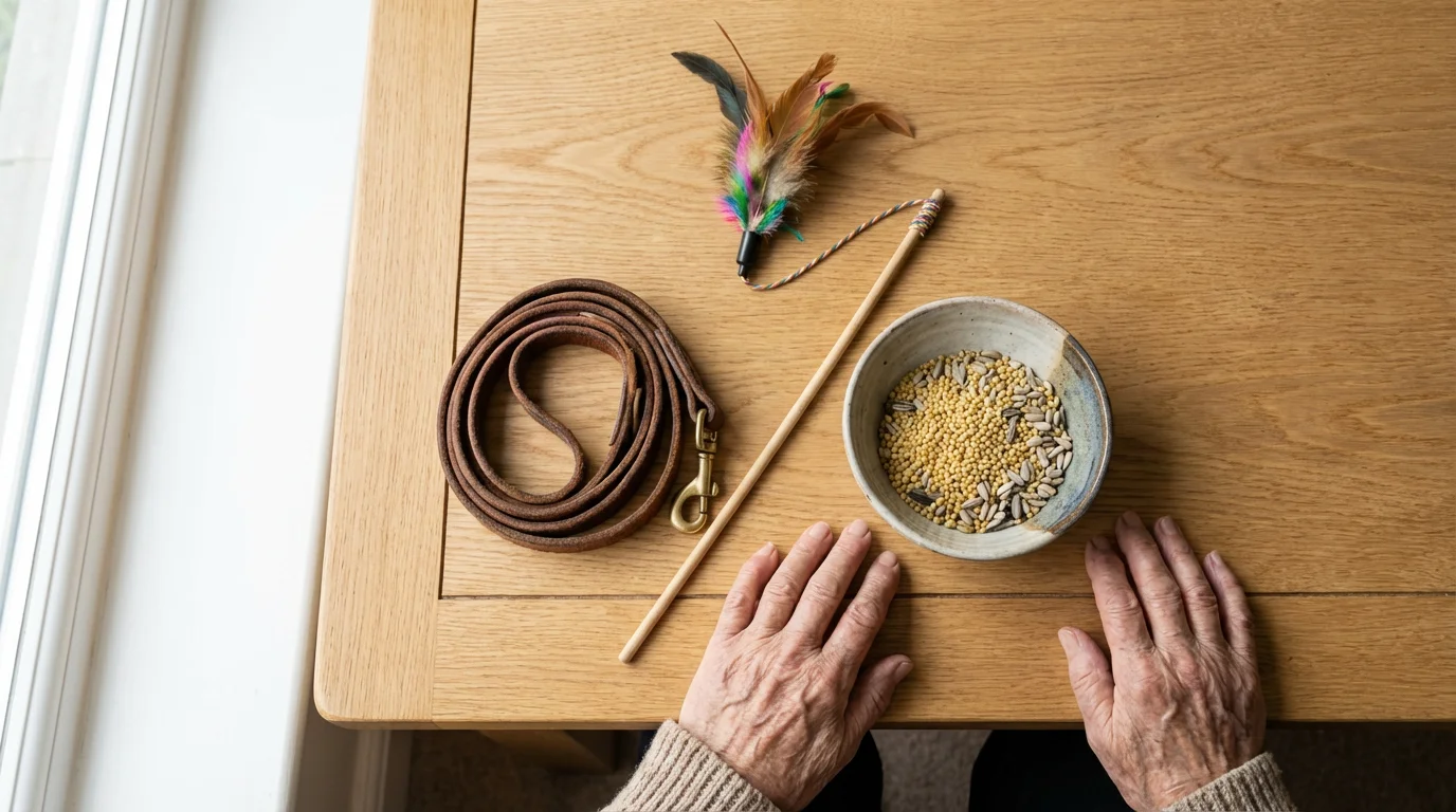 High angle flat lay of a dog leash, cat toy, and birdseed with a senior's hands.