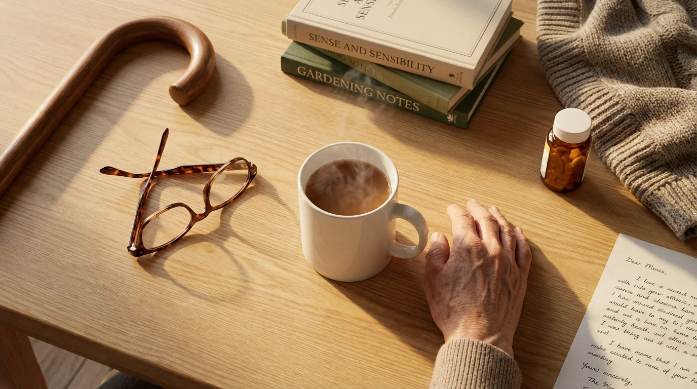 High angle flat lay of a hand, tea, glasses, and a cane handle.