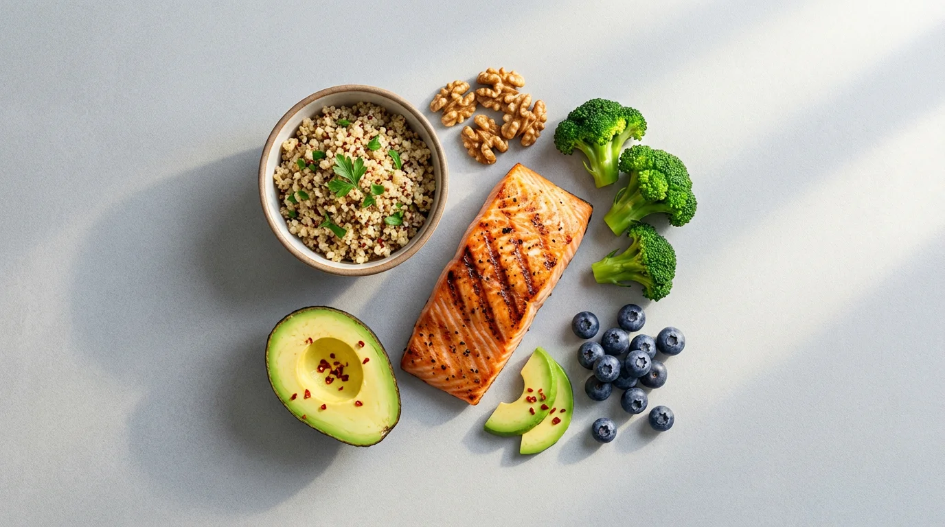 High-angle flat lay of a healthy meal with salmon, quinoa, and fresh vegetables.