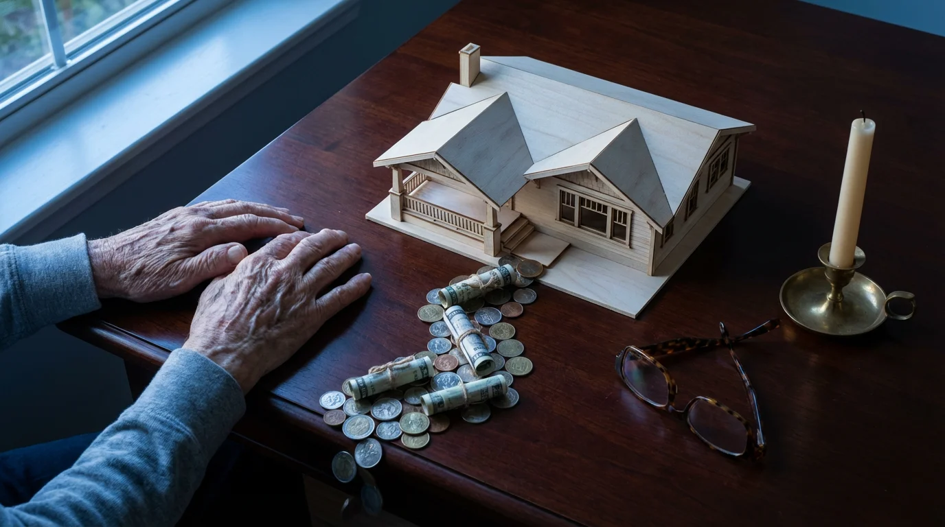 High-angle flat lay of a house model with money flowing away from it.