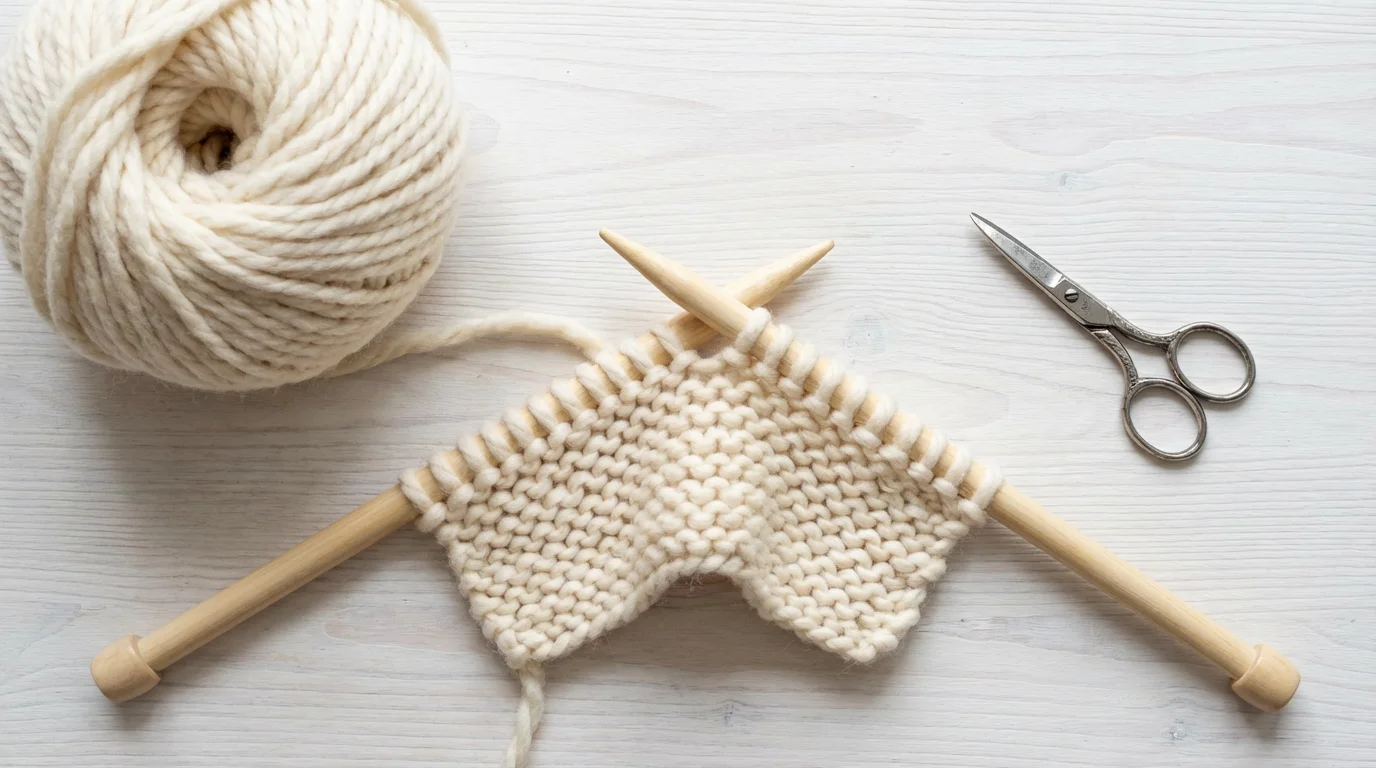 High angle flat lay of a knitting project with cream wool yarn and needles.