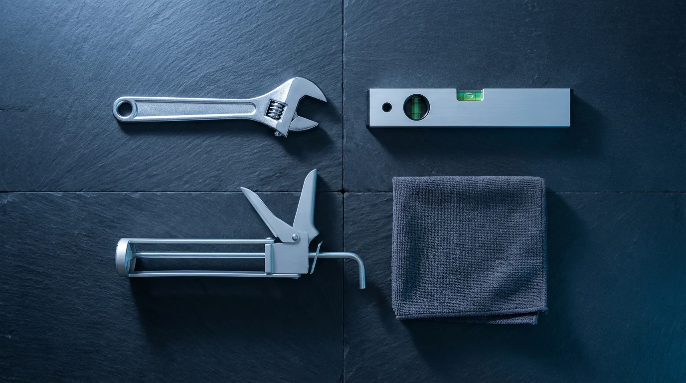 High angle flat lay of home maintenance tools on a dark slate surface.