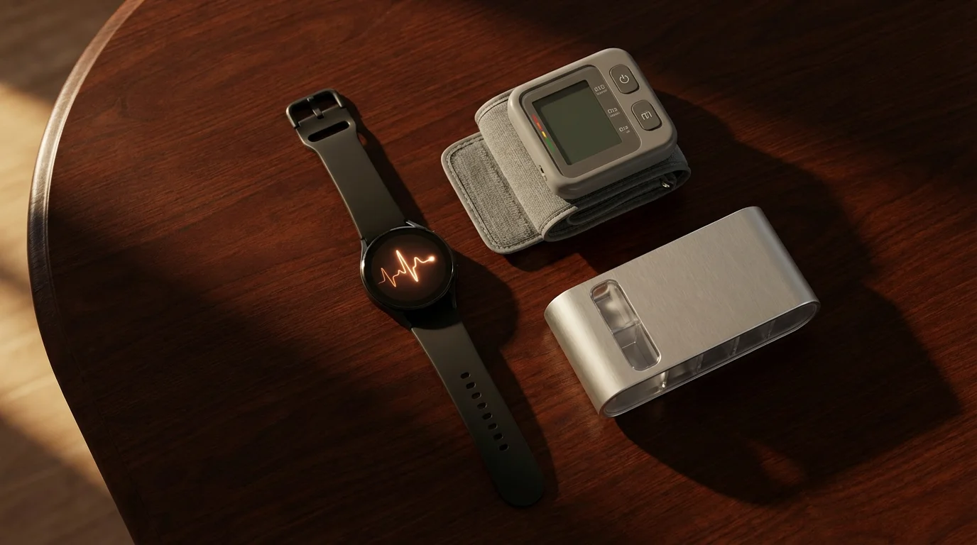 High angle flat lay of modern senior health monitoring devices on a dark wood table.