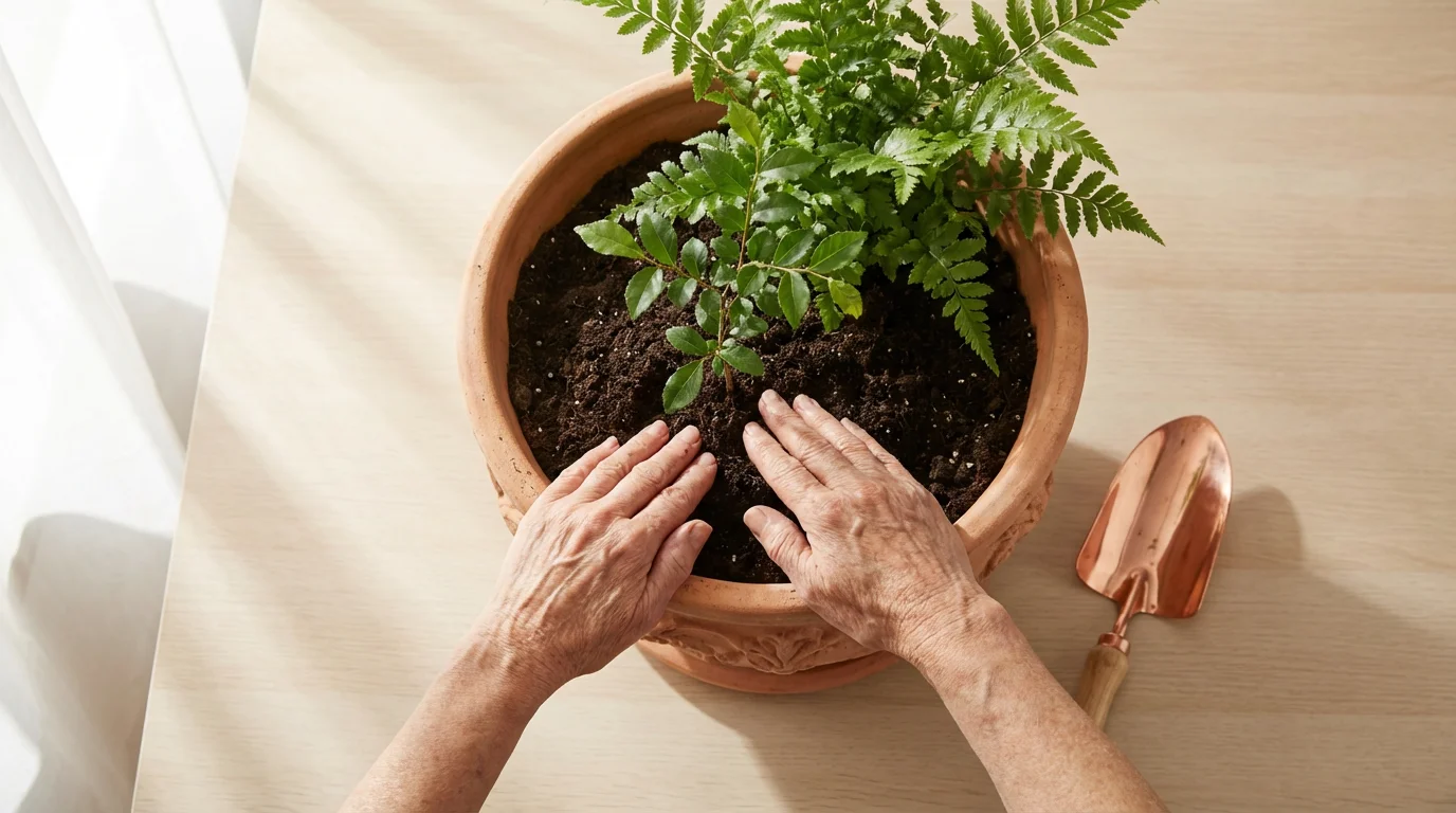 High angle photo of hands planting a new sapling into a pot with an established plant.