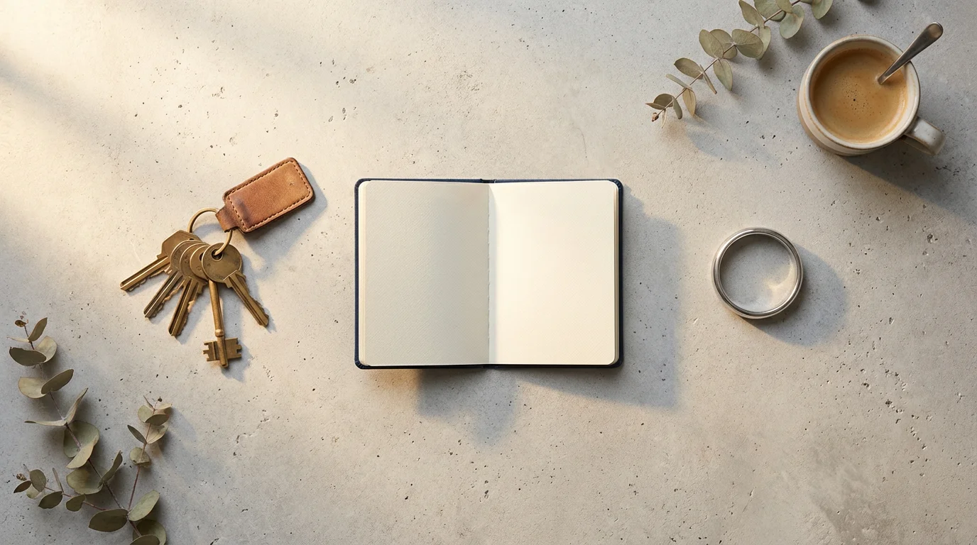 High-angle photo of keys, a passport, and a ring symbolizing life transition events.