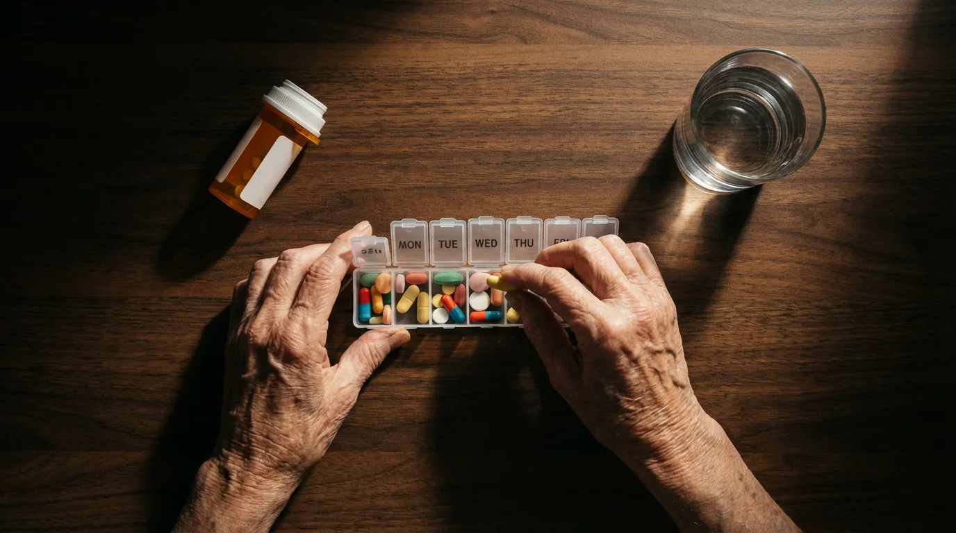 High angle shot of elderly hands sorting prescription pills into a weekly organizer.