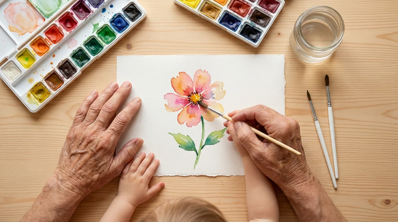 High angle view of a grandparent's and grandchild's hands watercolor painting together.