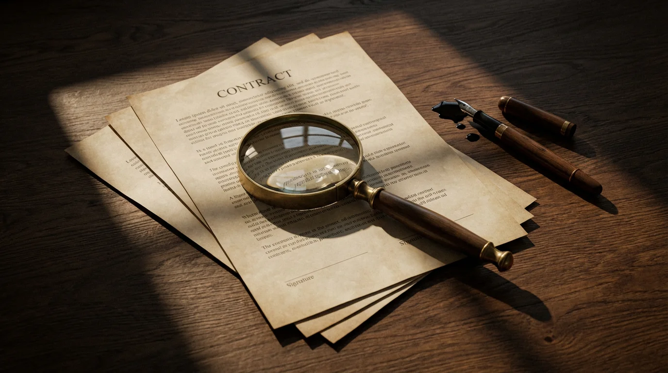 High angle view of a magnifying glass scrutinizing unsigned contracts on a wooden table.